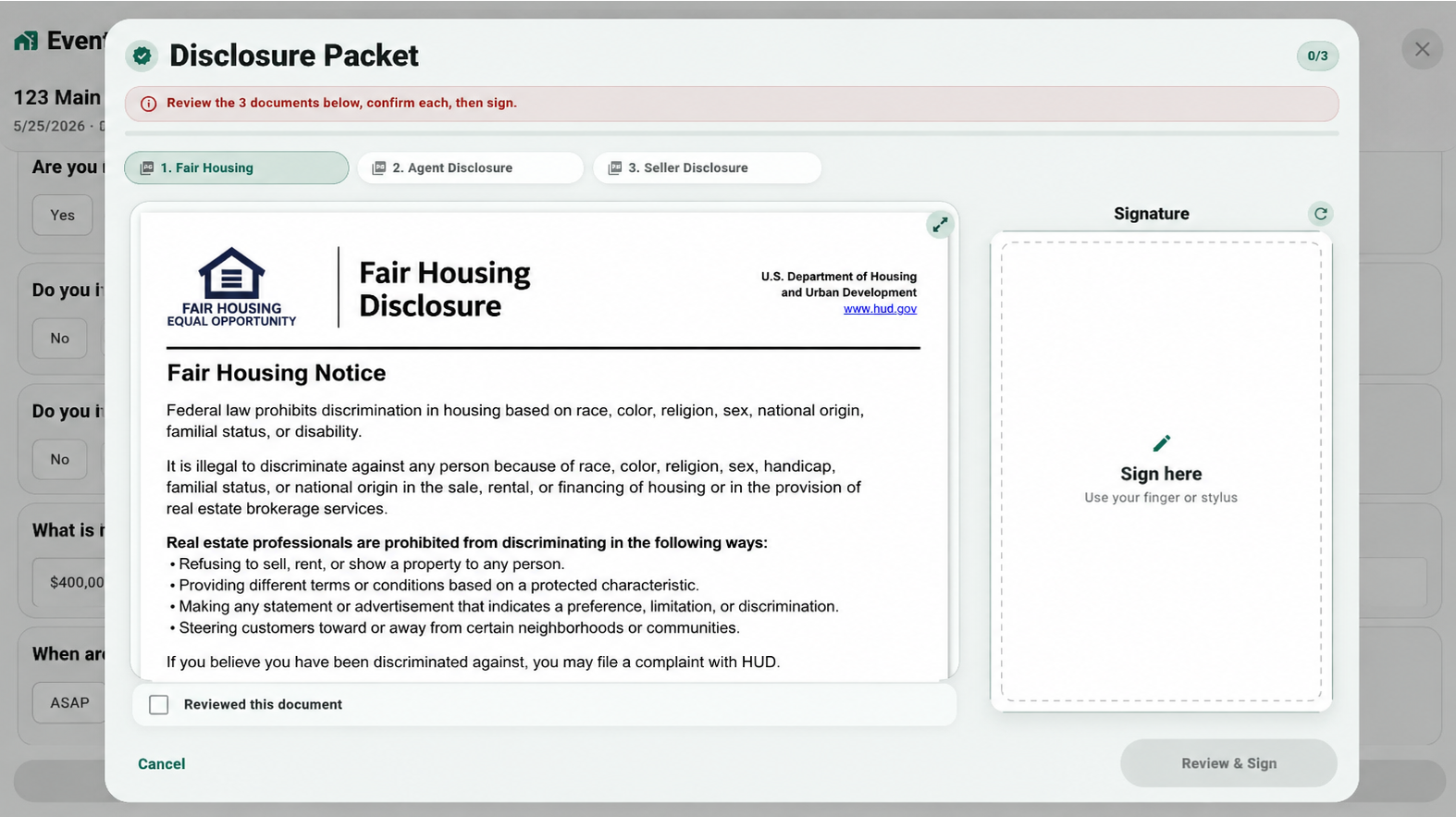 Disclosure packet screen